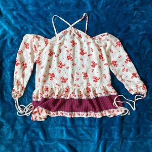 Sienna Sky Red Floral Halter Blouse with Purple Trim